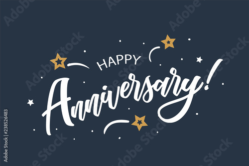 Happy Anniversary lettering card, banner. Beautiful greeting scratched calligraphy white text word stars. Hand drawn invitation print design. Handwritten modern brush blue background isolated vector.