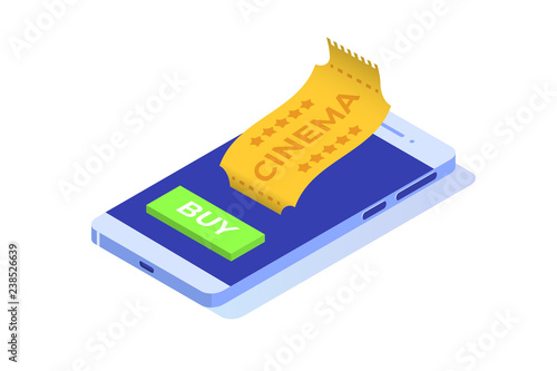 Online cinema tickets booking isometric concept. Mobile app. Vector illustration