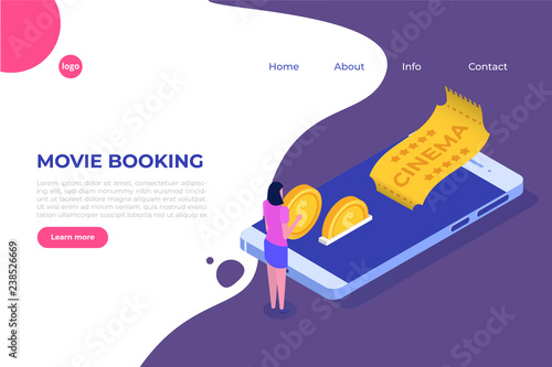 Online cinema tickets booking isometric concept. Mobile app. Vector illustration