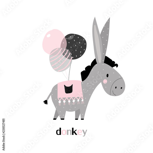 Cute funny donkey with balloons. Happy birthday. Children's book illustration, for print. Hand-drawn.