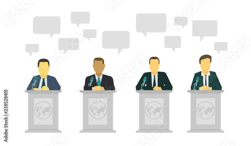 Political discussion. Dialogue of politicians on the stage. Speech rostrum microphone.
