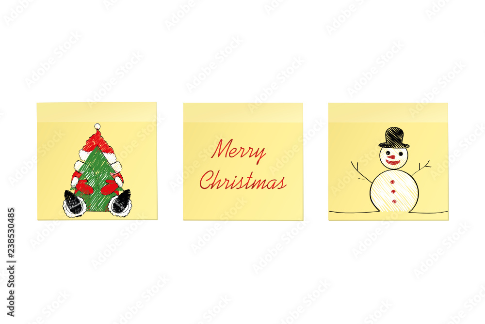 Hand-drawn christmas tree and santa claus and snowman on three yellow stickers. Greeting card. Vector on white background