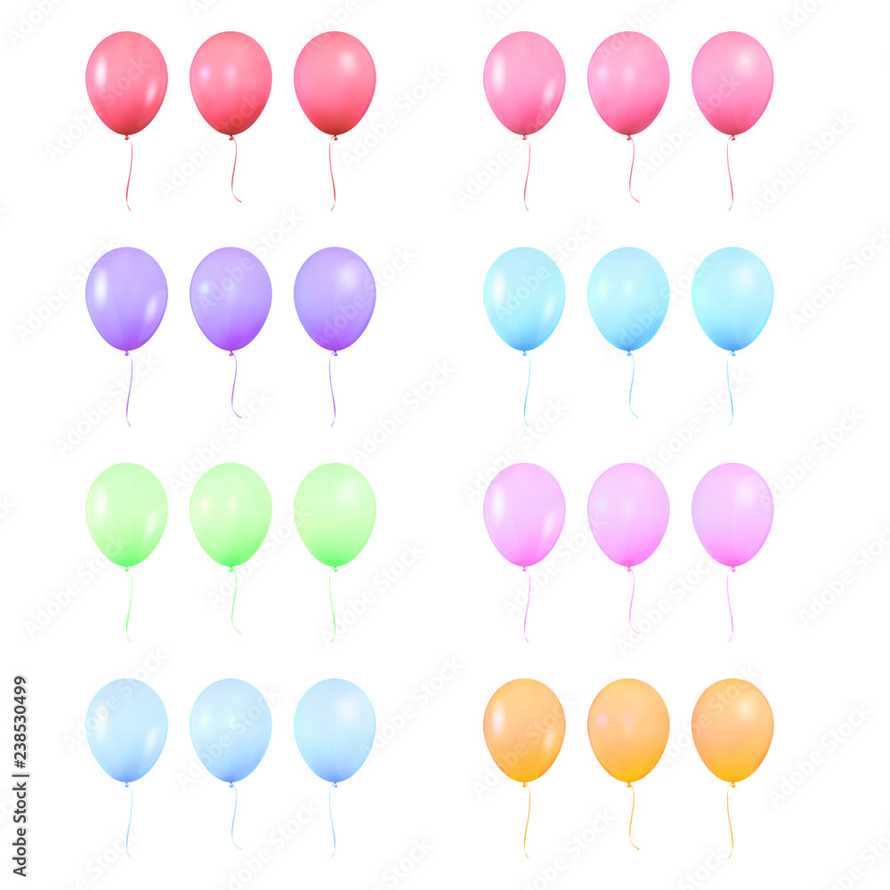 Balloon. Set of realistic colorful shiny helium balloons. Isolated ballons birthday decoration.