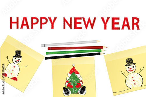 Hand-drawn christmas tree and santa claus and snowman on three yellow stickers. Greeting card. Vector with colorful pencils on white background