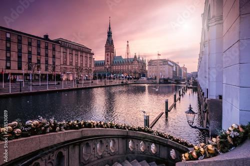 Hamburg at the Alsterarkaden with a view to the town hal market in the run-up to Christmas