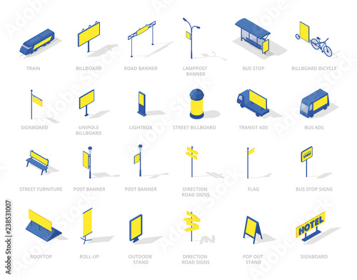 Out-of-home outdoor advertising isometric icons media set. Blue and yellow colour.