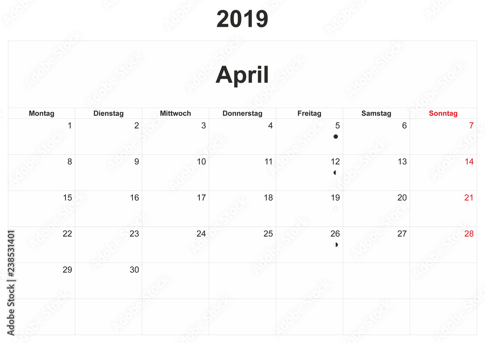 2019 German monthly calendar with white background. 2019 German monthly calendar with white background.