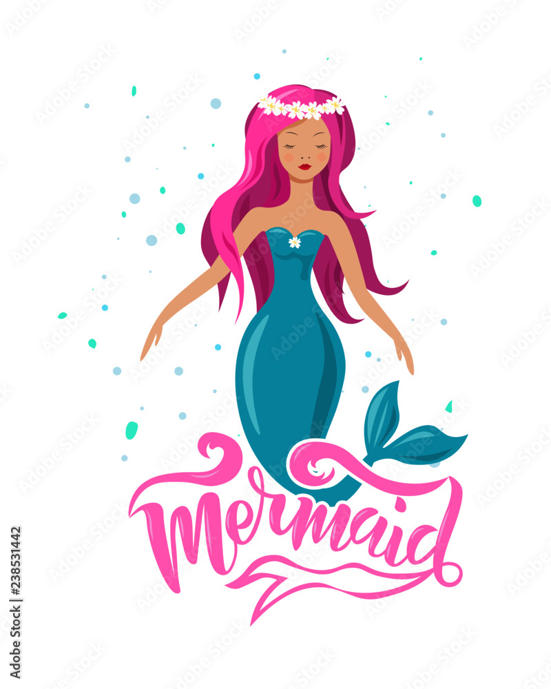 Hand sketched Mermaid text. Lettering typography for t-shirt design, birthday party, greeting card, party invitation, logo, badge, patch, icon, banner template. Vector illustration. 