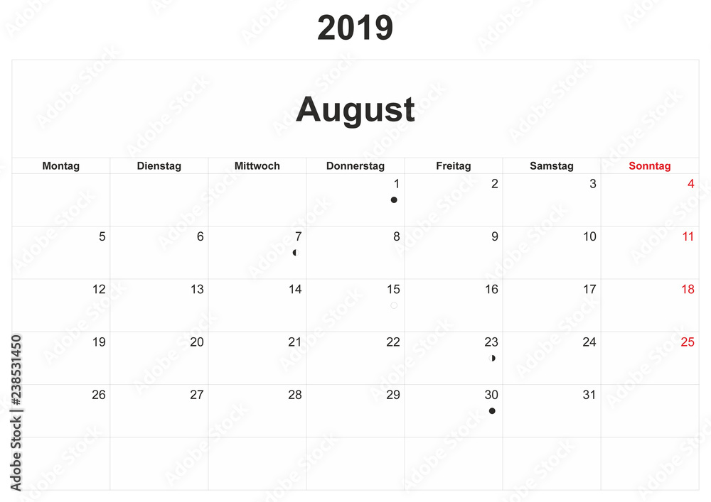 2019 German monthly calendar with white background. 2019 German monthly calendar with white background.
