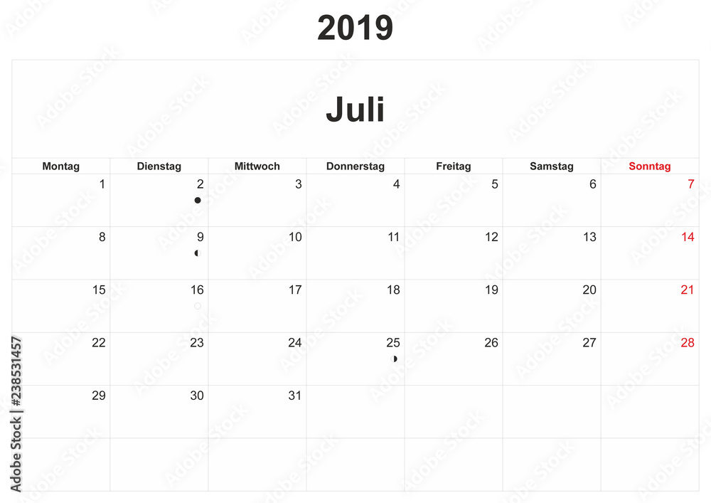 2019 German monthly calendar with white background. 2019 German monthly calendar with white background.