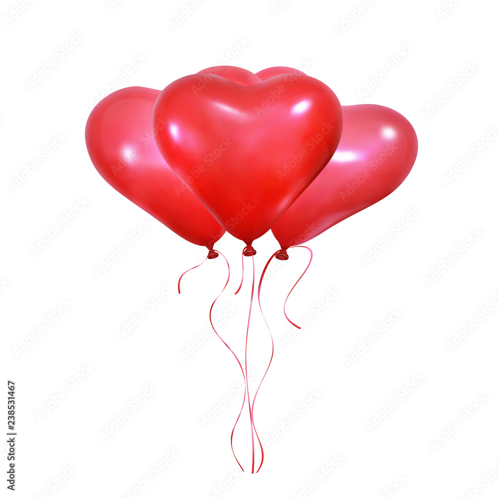 Valentine's Day heart balloons. Set of realistic helium balloons of heart shape and ribbons. Wedding and Valentine's balloons.