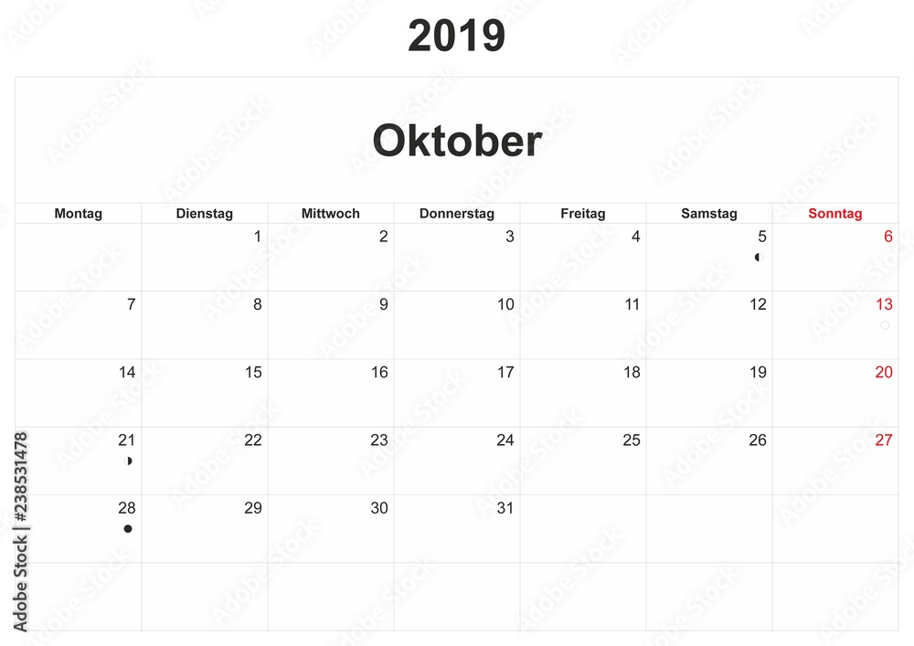 2019 German monthly calendar with white background. 2019 German monthly calendar with white background.