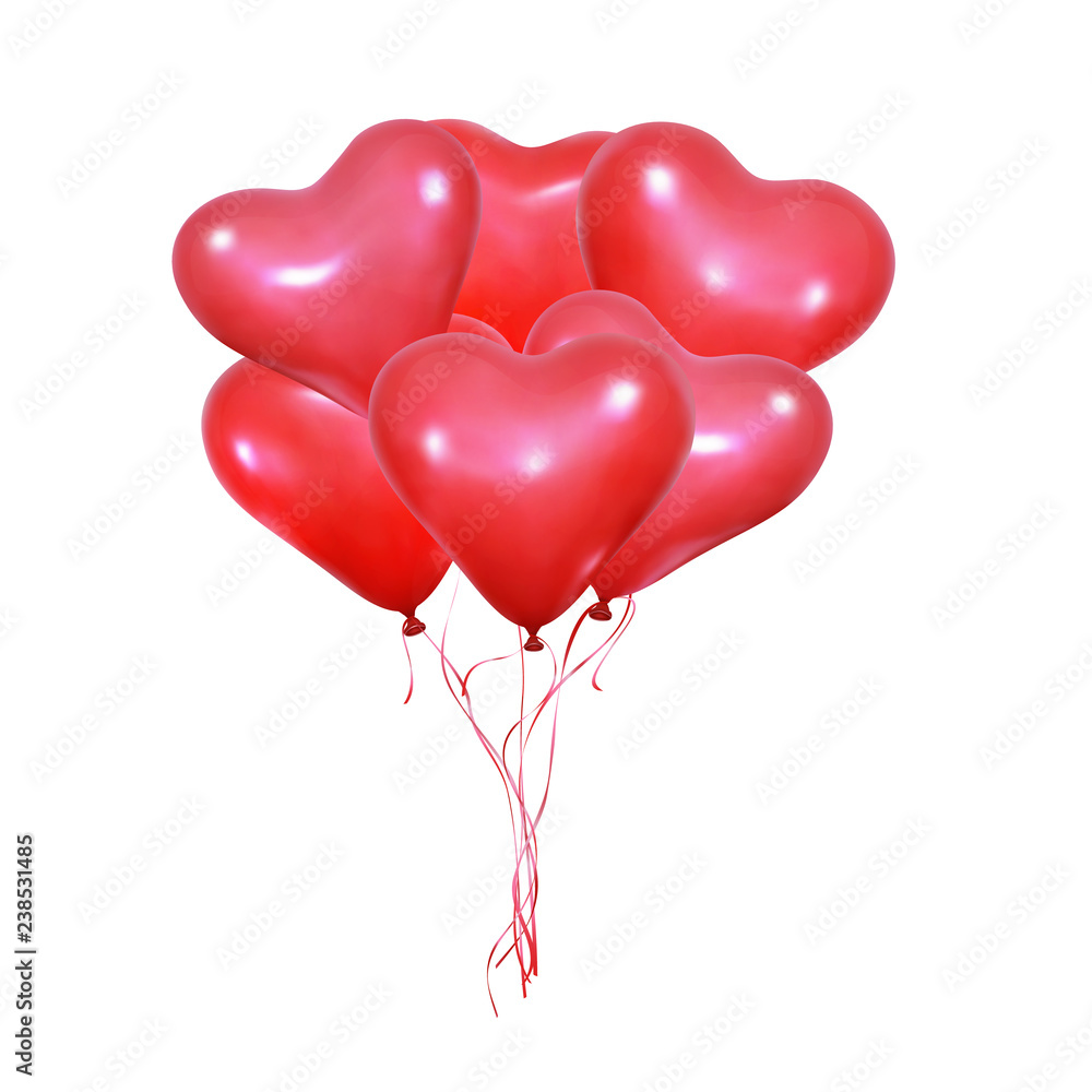 Bunch of realistic heart balloons for Valentine's Day. Set of shiny helium balloons of heart shape and ribbons. Wedding and Valentine's balloons.