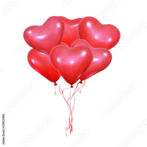 Bunch of realistic heart balloons for Valentine's Day. Set of shiny helium balloons of heart shape and ribbons. Wedding and Valentine's balloons.