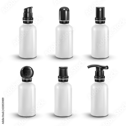 Vector. Mock Up. White Set Сylinder mini vial with black different caps