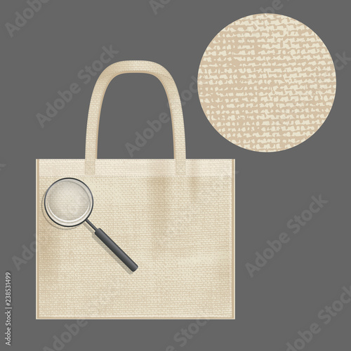 Canvas cotton textiles eco bag. Magnifier close-up. Natural color. Stop plastic pollution. Grunge burlap texture.