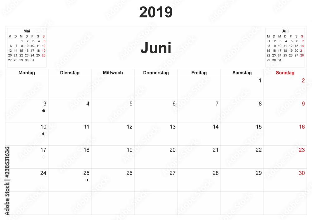 2019 German monthly calendar with white background. 2019 German monthly calendar with white background.