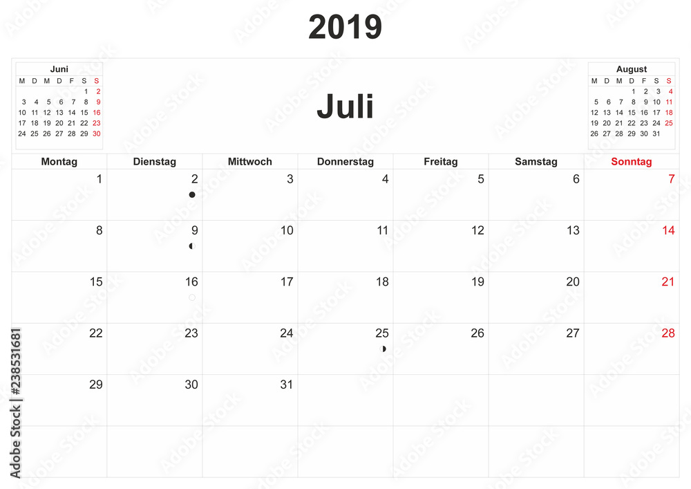 2019 German monthly calendar with white background. 2019 German monthly calendar with white background.