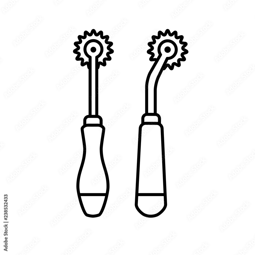 Black & white illustration of sewing pattern tracer . Vector line icon of tracing  wheel. Isolated object Stock Vector
