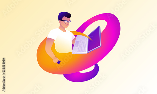 Young man is studying online with his notebook. E-learning concept. Colorful vector illustration on deep purple background for web.