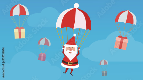 Père noël en parachute et ses cadeaux (flat design)