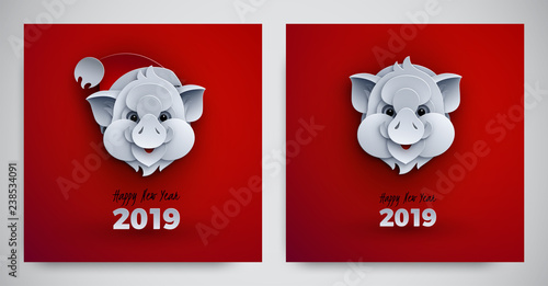 Happy new year banners set, paper head of the pig, 2019 animal symbol, text happy new year. Backgrounds collection for poster, greeting card, banner design, paper cutout art style, vector illustration