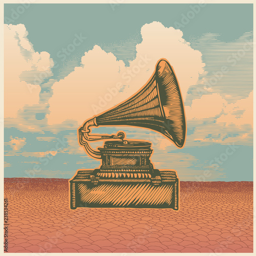 Retro design poster with gramophone, desert and sky. engraving style. vector illustration.