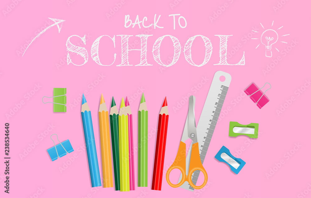 Back to school text with school supplies on pink background. Vector illustration Back to school text with school supplies on pink background. Vector illustration