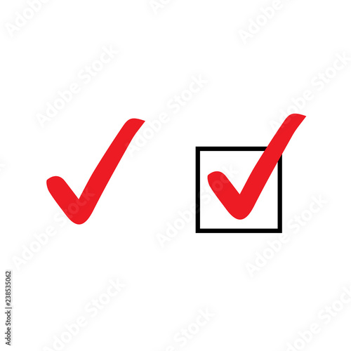 Set of red tick icons. Vector symbols set, checkmarks collection isolated on white background. Checked icon or correct choice sign. Check mark or checkbox pictogram.