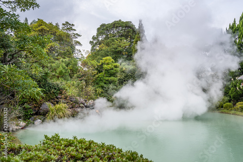 Shiraike Jigoku (White pond Hell) pond in autumn, which is one of the famous natural hot springs viewpoint, representing the various hells in Beppu © RomixImage