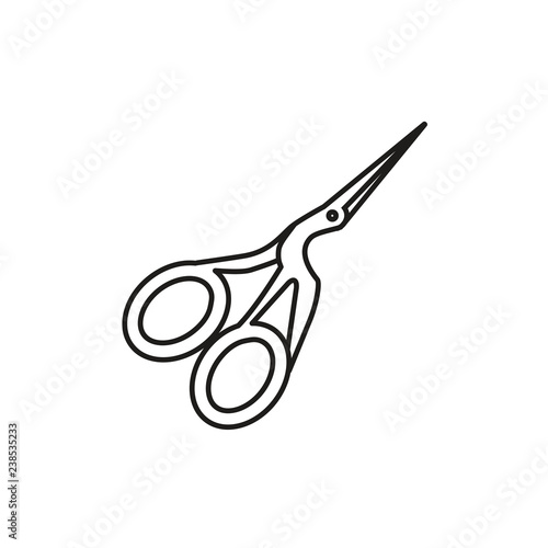 Black & white vector symbol of vintage stork scissors. Line icon of crane sewing shears. Needlework cross stitch supplies. Isolated object
