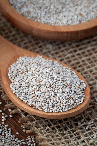 Close up of white chia seeds in wooden spoon