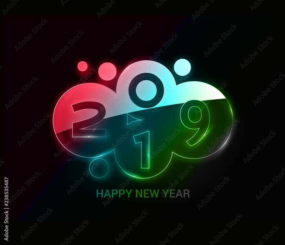 Happy New Year 2019 Glowing Text Design Patter, Vector illustration.