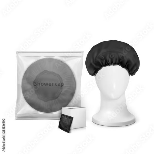 Vector. Set Mock Up. Black waterproof shower cap in transparent package with small box and shower cap on the manekenium head.
