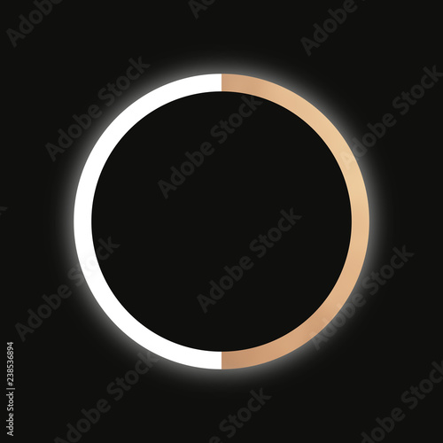 black circle with golden and white border and glowing on dark background