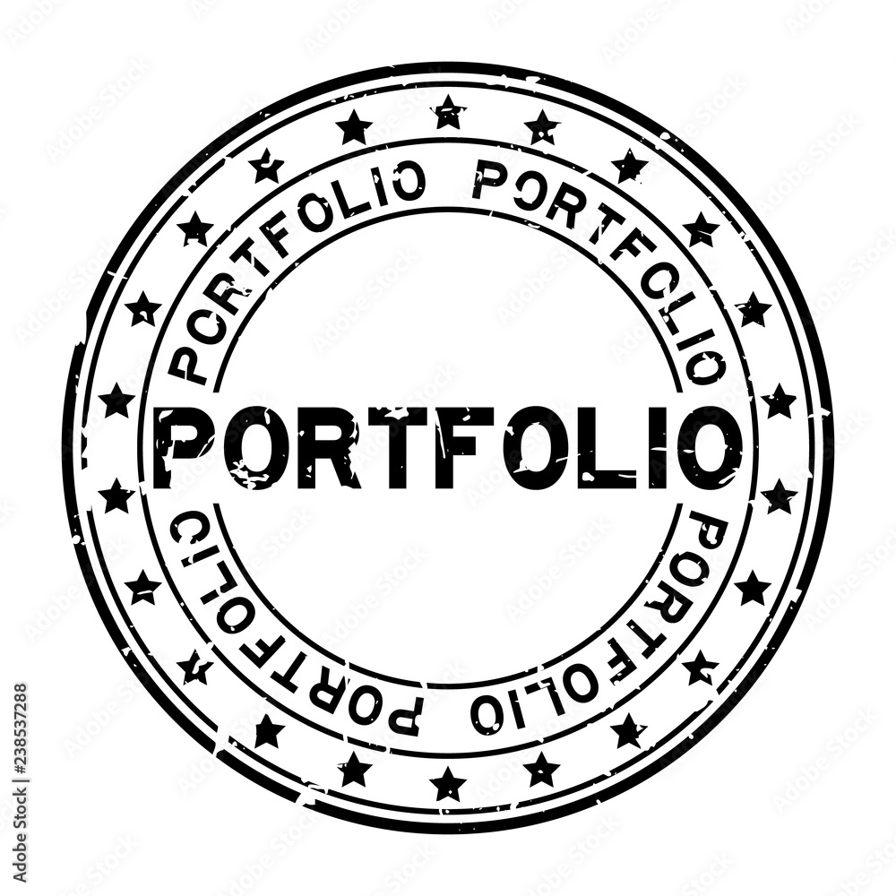 Grunge black portfolio word with star icon round rubber seal stamp on white background