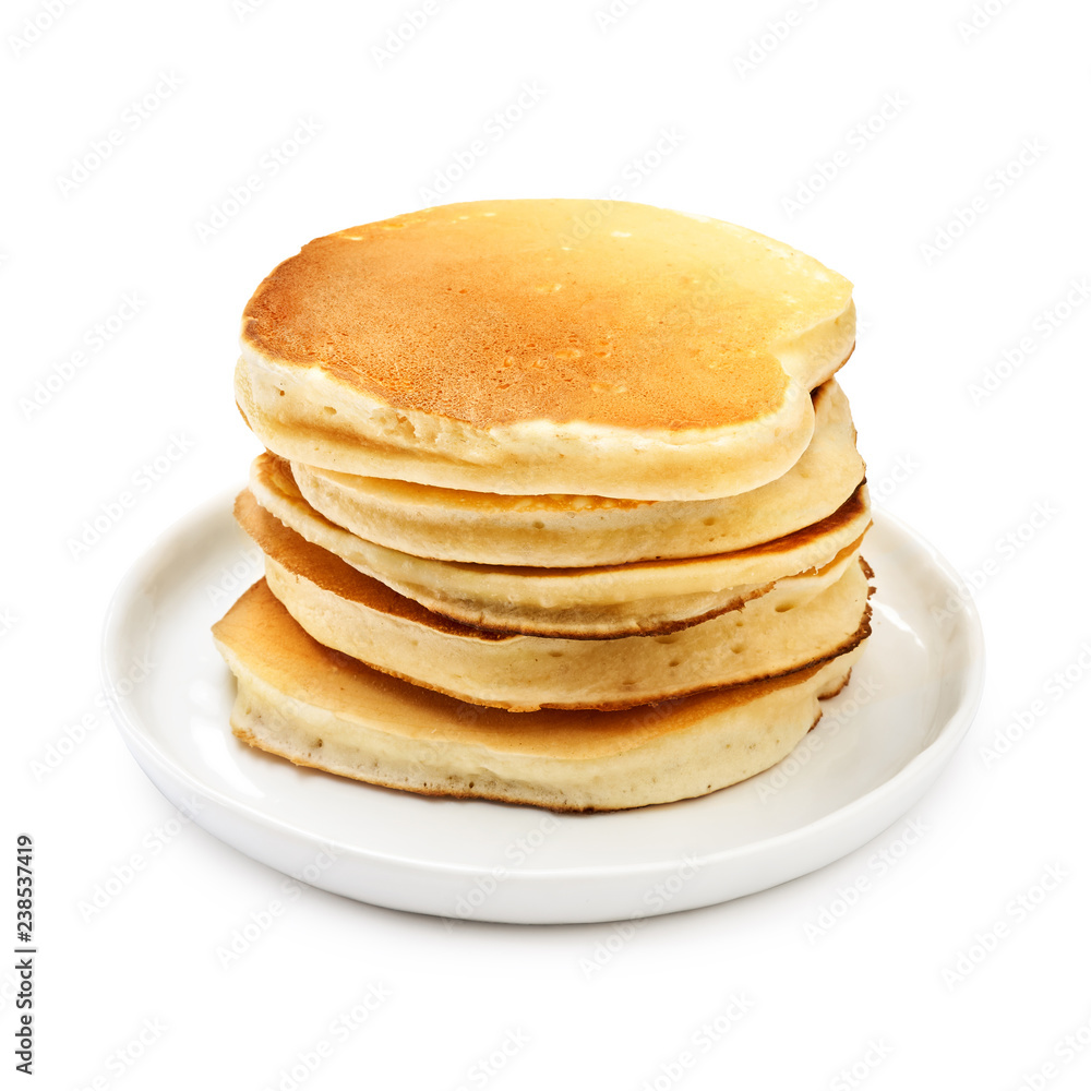 Stack of delicious pancakes on plate isolated on white Stack of delicious pancakes on plate isolated on white