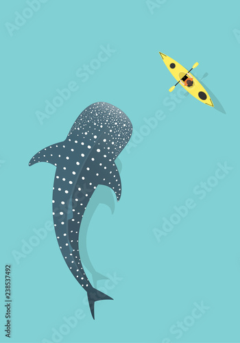 Whale shark and Kayak isolated on Blue sea background. Kayaking with Whale Shark (rhincodon typus).