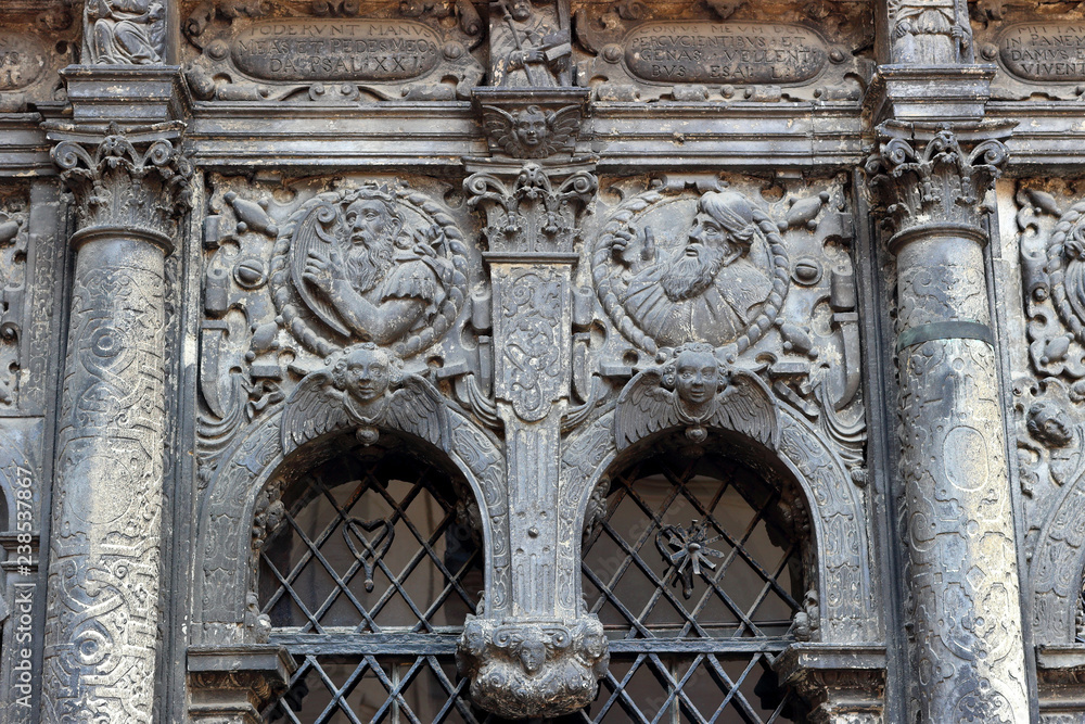 Fragment of the exterior of Chapel of Boim in Lviv, Ukraine. Decoration of facade of Chapel of Boim. It's a part of Lviv's Old Town, a UNESCO World Heritage Site. Fragment of the exterior of Chapel of Boim in Lviv, Ukraine. Decoration of facade of Chapel of Boim. It's a part of Lviv's Old Town, a UNESCO World Heritage Site.