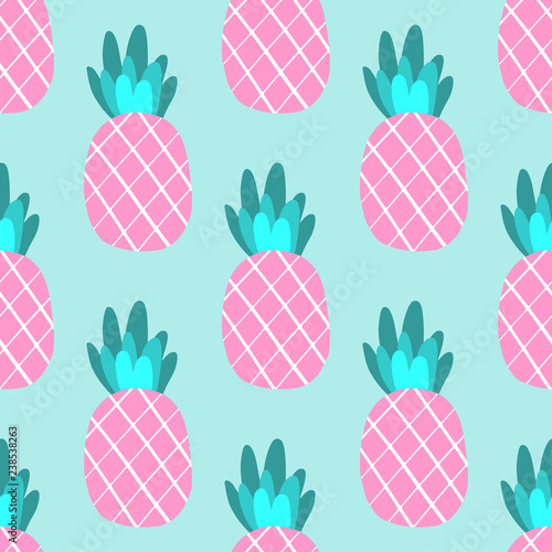 Tropical ananas pineapple fruit seamless pattern on white background. Vector illustration for textile print, wallpaper, fashion design