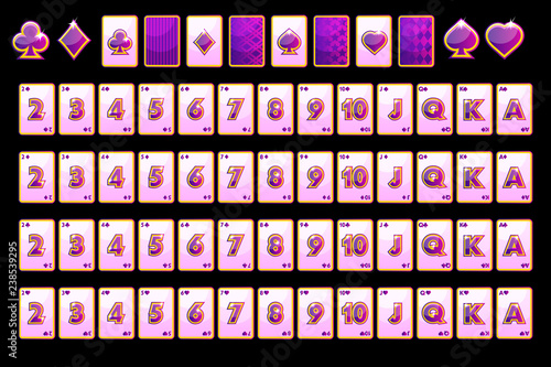 Vector Violet Poker playing cards, full deck and card symbols for slot machines and a lottery. Black background in a separate layer. Game casino, slot, UI