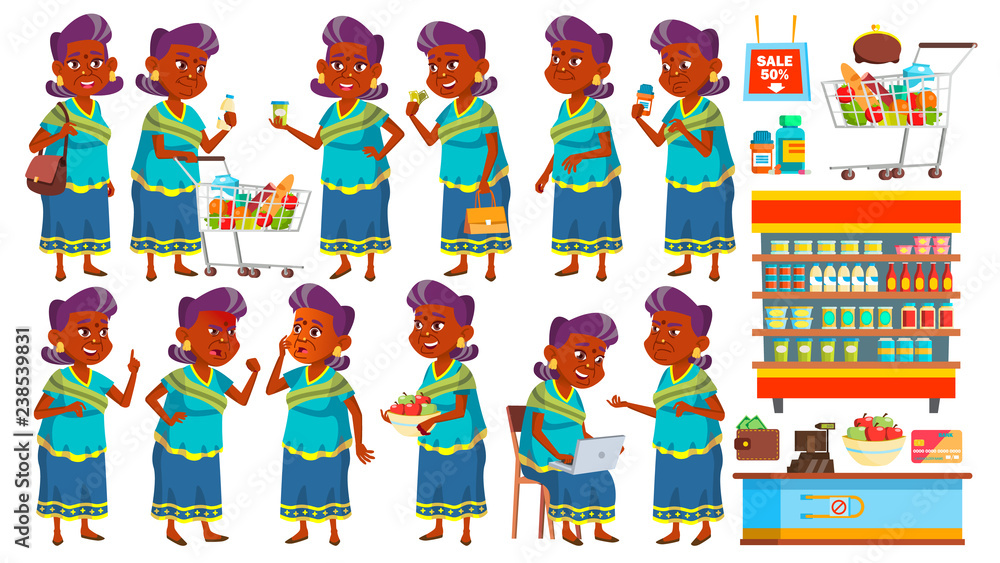 Indian Old Woman Poses Set Vector. Elderly People Shopping. Hindu. Asian. Senior Person In Sari. Aged. Beautiful Retiree. Life. Presentation, Print, Invitation Design. Isolated Cartoon Illustration