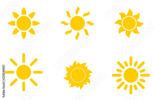 Set of yellow icons of the sun, isolated on white background.