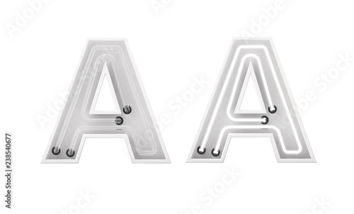 White neon style light letter A. On and Off neon lettering. 3D rendering