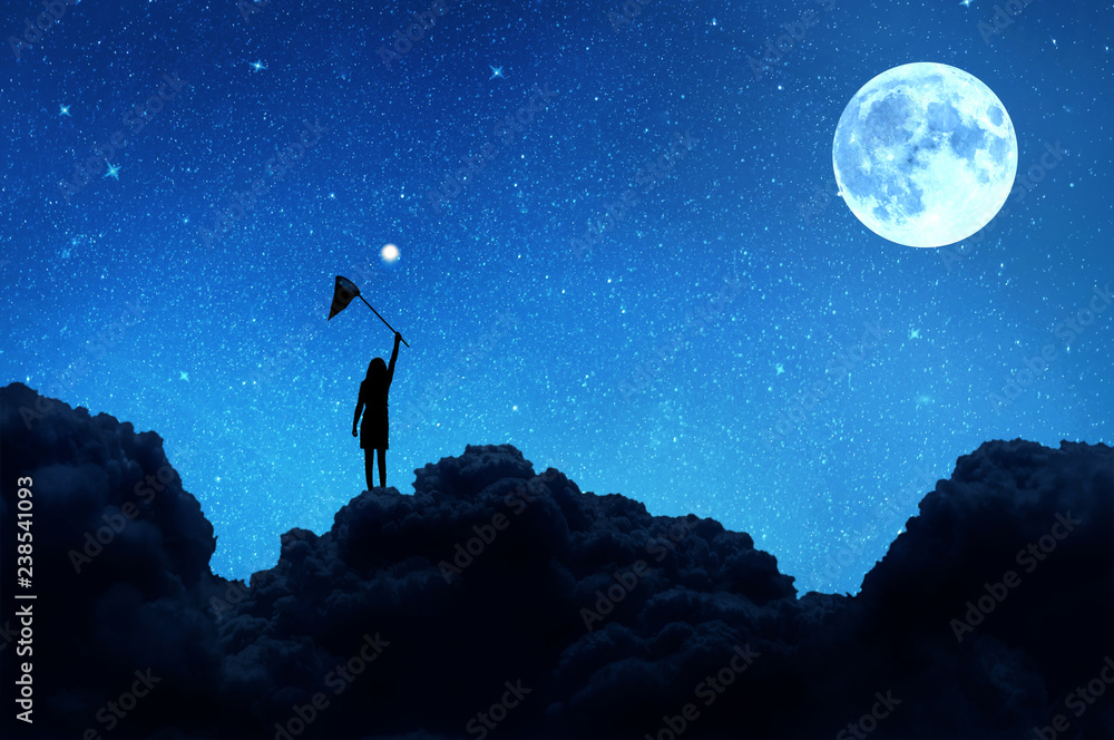 Silhouette of a girl standing on a cloud catches with a net a star against the sky