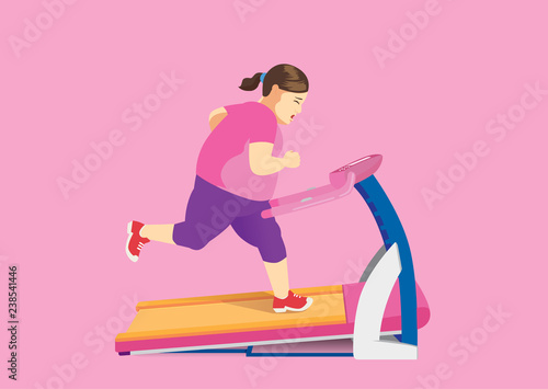 Fat woman trying to lose fat with running on Electric Treadmill. Illustration about exercise and health.