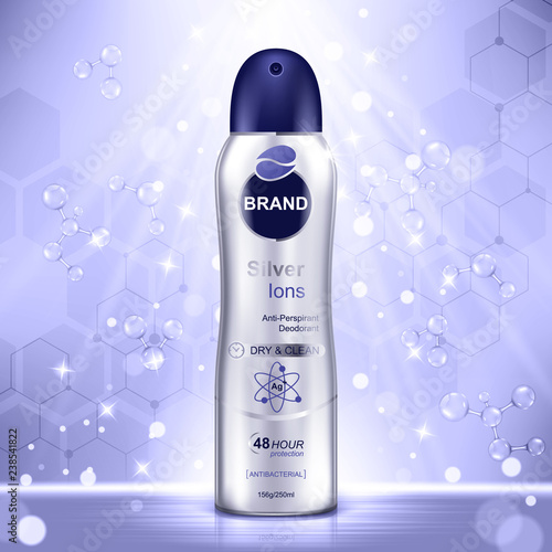 Cosmetic ads template, deodorant bottle with purple molecules and glitter elements on the background. Realistic vector illustration
