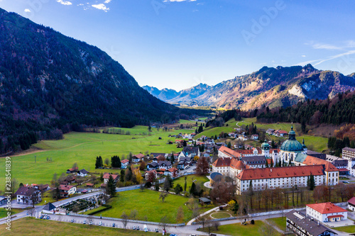 Aerial view, Benedictine abbey Ettal monastery, Ettal, Oberammergau, Bavaria, Germany photo