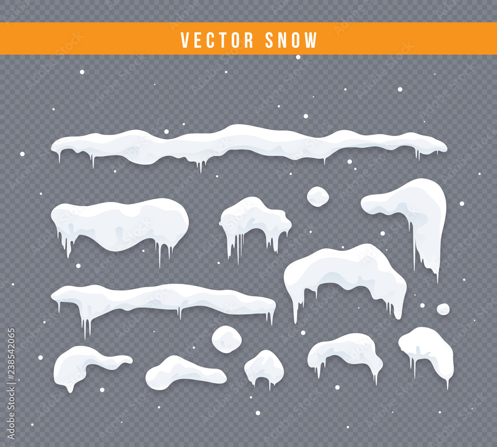 Snow caps, snowballs and snowdrifts set. Snow cap vector collection. Winter decoration element. Snowy elements on winter background. Cartoon template. Snowfall and snowflakes in motion. Illustration.