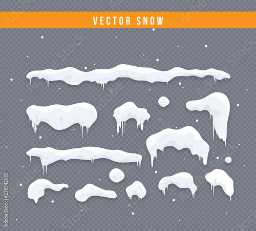 Obraz na płótnie Snow caps, snowballs and snowdrifts set. Snow cap vector collection. Winter decoration element. Snowy elements on winter background. Cartoon template. Snowfall and snowflakes in motion. Illustration. w salonie